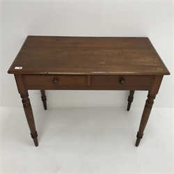 Victorian mahogany side table, two drawers, turned tapering supports, W92cm, H74cm, D49cm