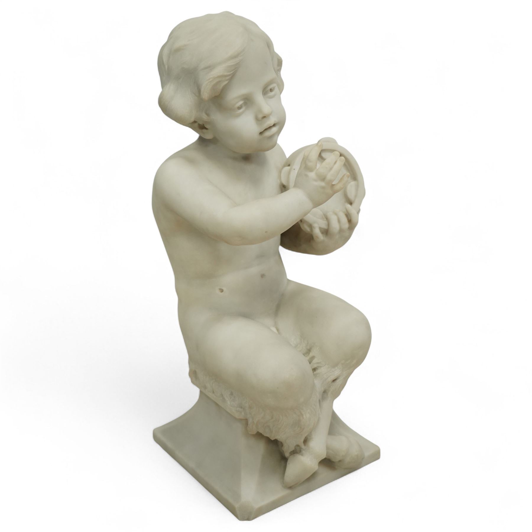 Follower of Claude Michel Clodion (French 1738-1814): The Putti-Faun Orchestra - set of four Italian carved white marble figures of child satyrs as musicians, each finely carved figure depicting a seated putto-faun with youthful features and small goat’s legs and cloven feet, variously playing rustic instruments: a syrinx (Panpipes), a flute, a tambourine and clappers - each raised on an integral waisted square plinth, Italian, circa 1900

Provenance: Kirkham Hall

Notes: Inspired by the rustic god Pan and his followers, these putti-fauns reflect the late-19th-century revival of classical themes popular with Grand Tour collectors; their instruments evoke the god Pan’s pastoral music, while the carving and  composition exemplify the appeal of bacchic subjects in the Italian neoclassical tradition