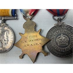 WW1 Naval group of four medals comprising British War Medal, 1914-15 Star and Victory Medal awarded to M.10222 E.W. Starmer J.R.A. (later S.R.A.) R.N.; and St. John Ambulance Brigade Coronation 1911 Medal to Pte. E.W. Starmer; all with ribbons