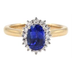 18ct rose gold oval sapphire round brilliant cut diamond cluster ring, hallmarked, sapphire approx 1.25 carat
