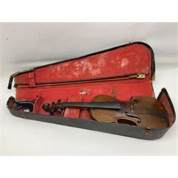 Chinese Parrot violin with 35.5cm two-piece back; L59.5cm in carrying case; and early 20th century German violin for restoration; bears label 'Antonius Stradivarius Faciebat Anno 1730'; cased with bow (2)