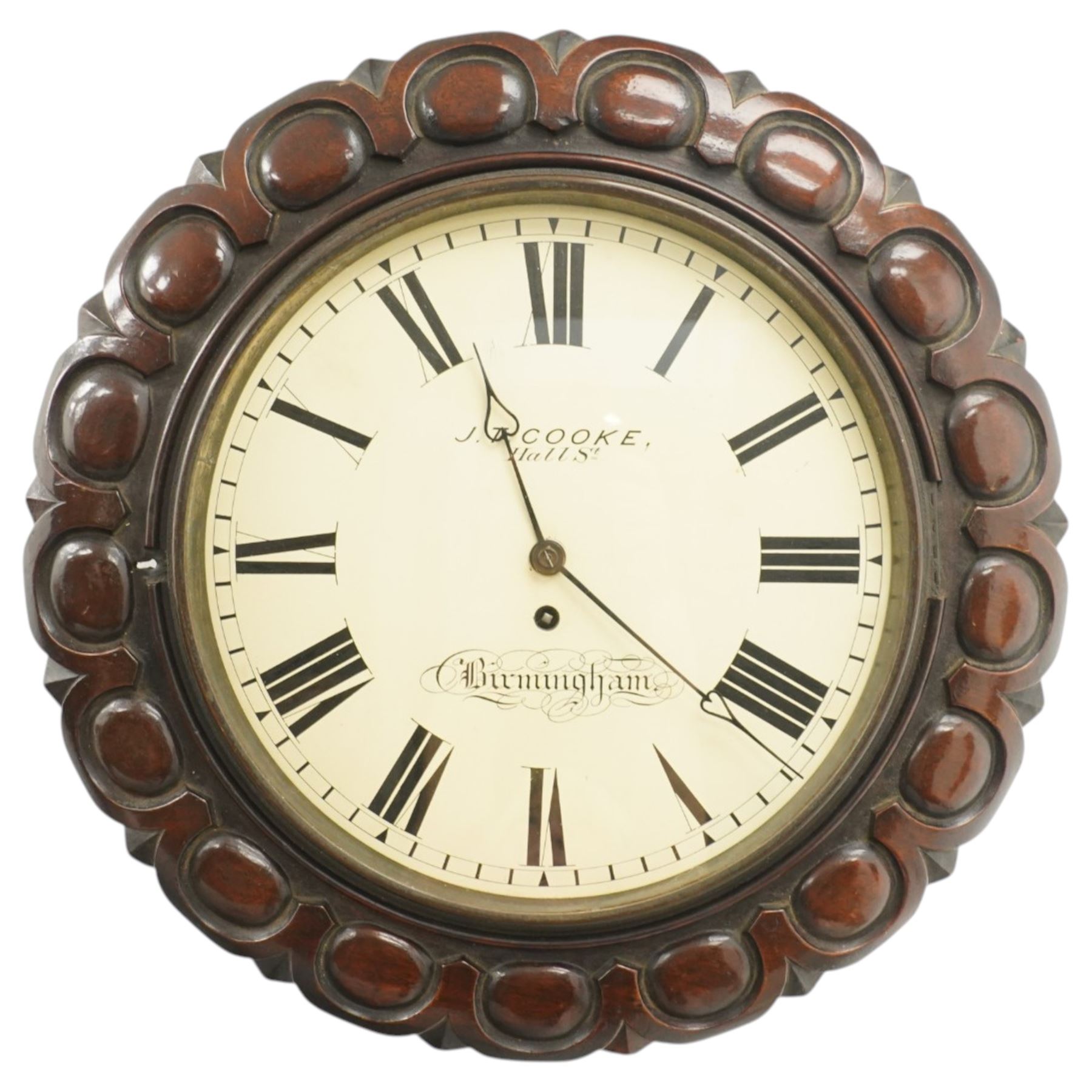 J T Cooke Birmingham - Victorian fussee wall clock, white enamel dial with Roman numerals signed J T Cooke, Hall Street, Birmingham, in mahogany case with egg and dart carved border 