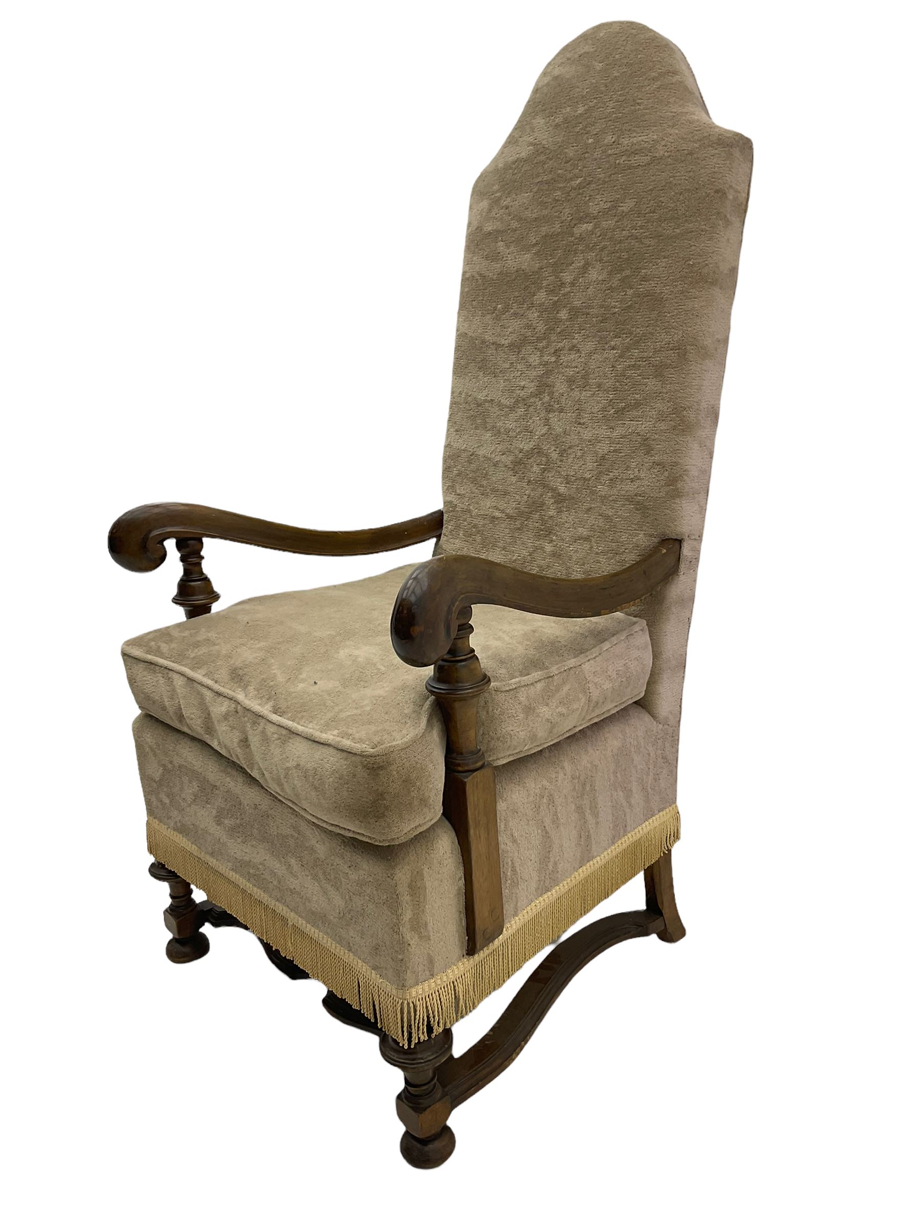 18th century design Continental walnut framed armchair, high shaped back, scroll arms