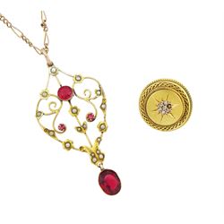 Early 20th century 9ct gold red stone and seed pearl pendant necklace and a gold rose cut diamond brooch