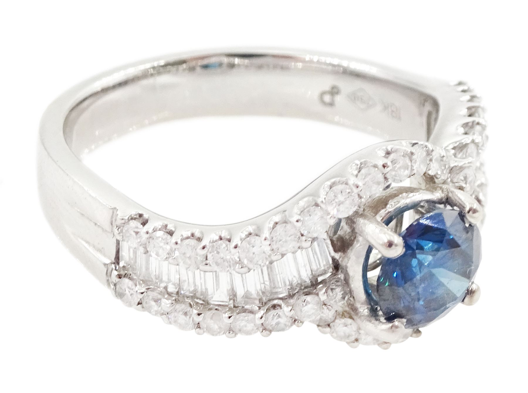 18ct white gold diamond crossover ring, the principal round brilliant cut fancy blue diamond of approx 0.75 carat, with round brilliant cut diamond surround and shoulders, stamped 750, total white diamond weight approx 0.60 carat