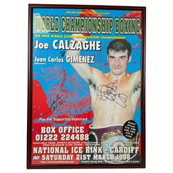 Lonsdale boxing glove, signed by Frank Bruno in black marker pen, in presentation box with certificate of authenticity from Exclusive Memorabilia, World Championship Boxing poster, signed by Joe Calzaghe and Juan Carlos Gimenez (El Toro), framed, H89cm and a signed Millwall football in acrylic display case
