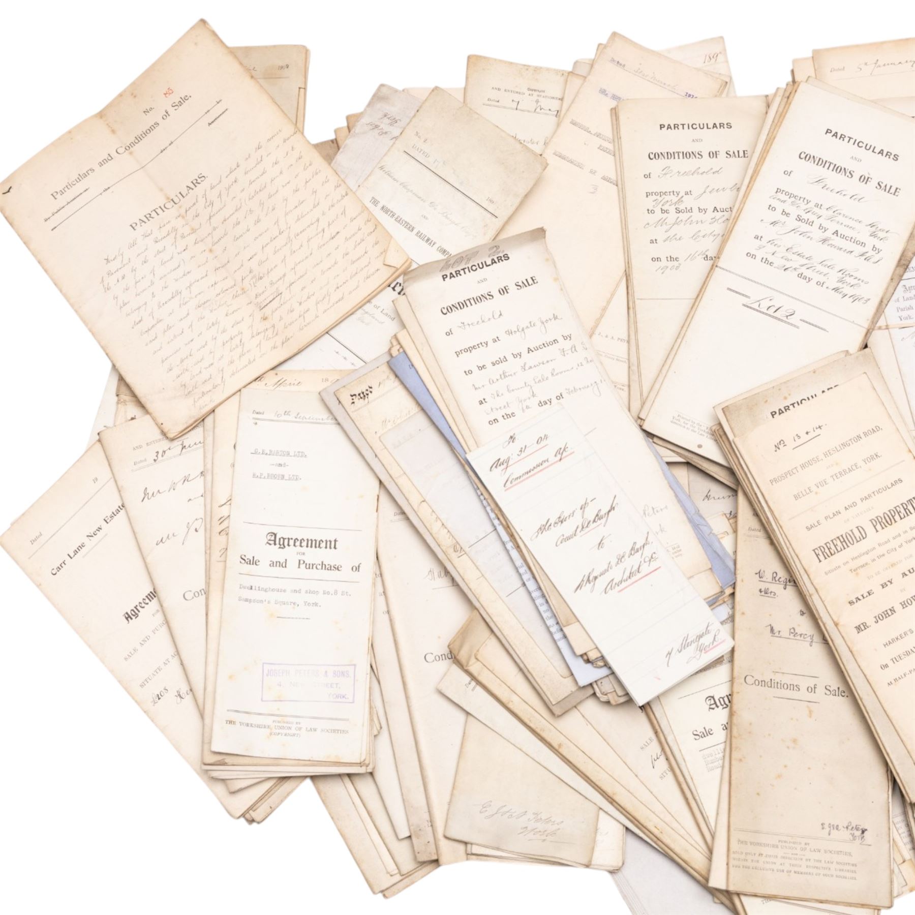 York and Yorkshire legal ephemera - large box of late 19th/early 20th century conveyancing documents, agreements, mortgages, conditions of sale and solicitor’s papers relating to York and surrounding area properties, including Acomb New Estate, Bishopthorpe, Huntington Road, Victoria Avenue, Swinerton Avenue and other addresses, many with York solicitor/printer details
