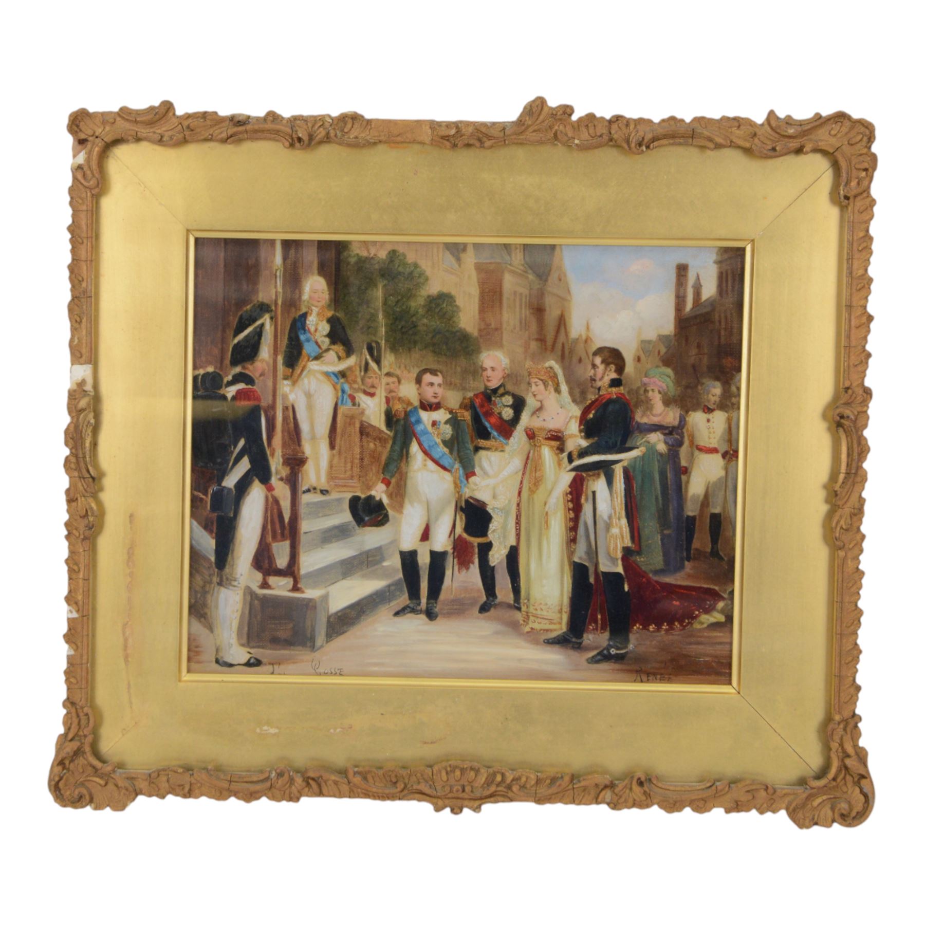 Napoleon & Josephine in Paris, framed oleograph signed Renee, in a 19th century gilt frame, H33cm 