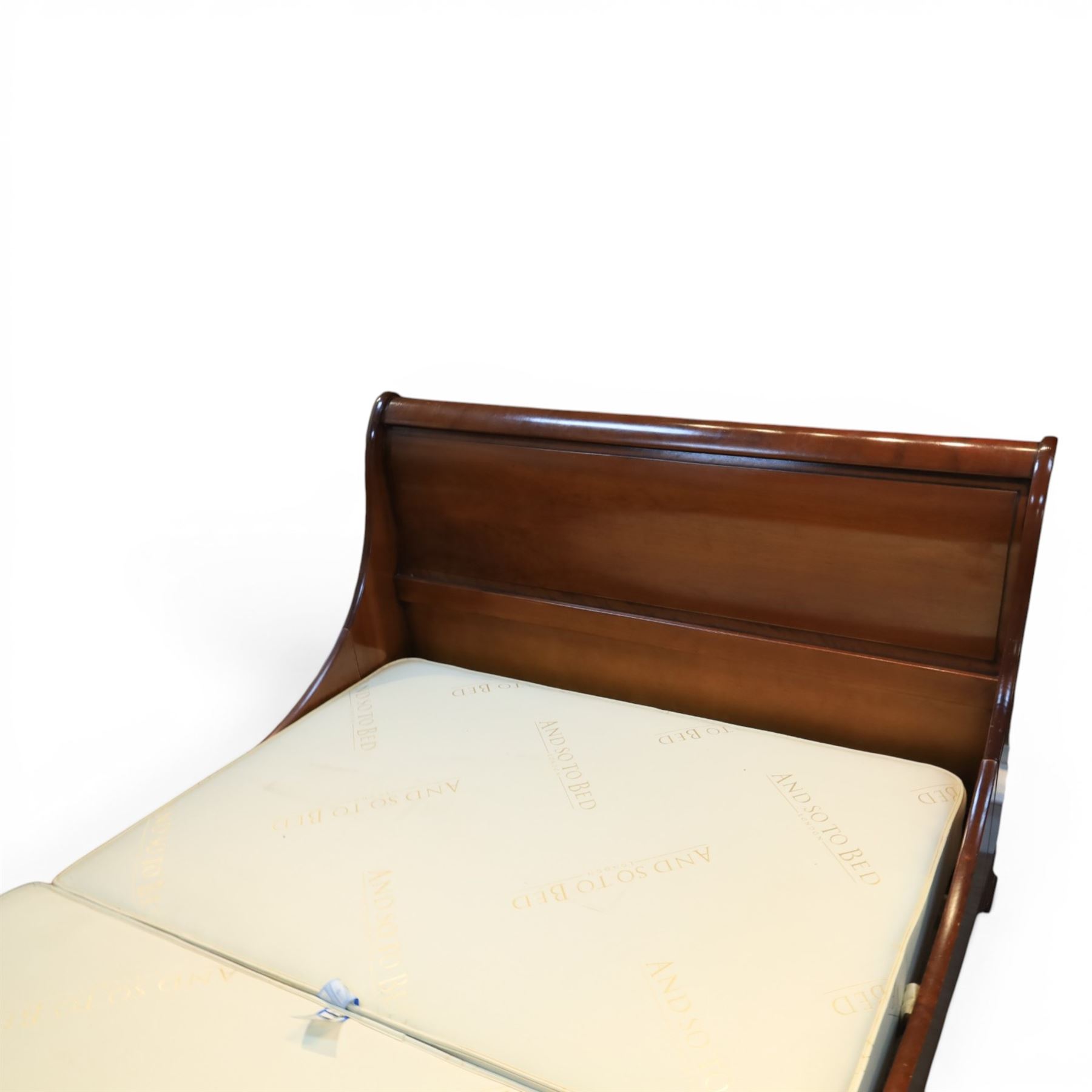 And So To Bed - 5' king size cherrywood sleigh bed, shaped scroll headboard and footboard with rounded cylindrical top rails, panelled boards and moulded side rails, on short bracket feet