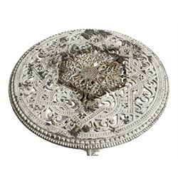 Coalbrookdale design - 19th century cast iron and cast alloy garden table, circular top with beaded edge pierced with scrolls, the pedestal decorated with scrolling and foliate motifs triple arm platform bass with scrolled feet