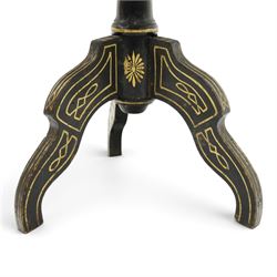 Late Victorian Aesthetic Movement ebonised and parcel-gilt lacquered occasional table, the circular tilt-top decorated in the Anglo-Japanese taste with motifs of fans, birds, insects and flowering branches, raised on a turned pedestal and tripod base shaped splayed supports