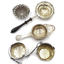 French silver tea strainer by Armand Fresnais Paris and a similar strainer by Andre Roberge Paris circ 1900, a continental tea strainer and two early 20th century hallmarked strainers
