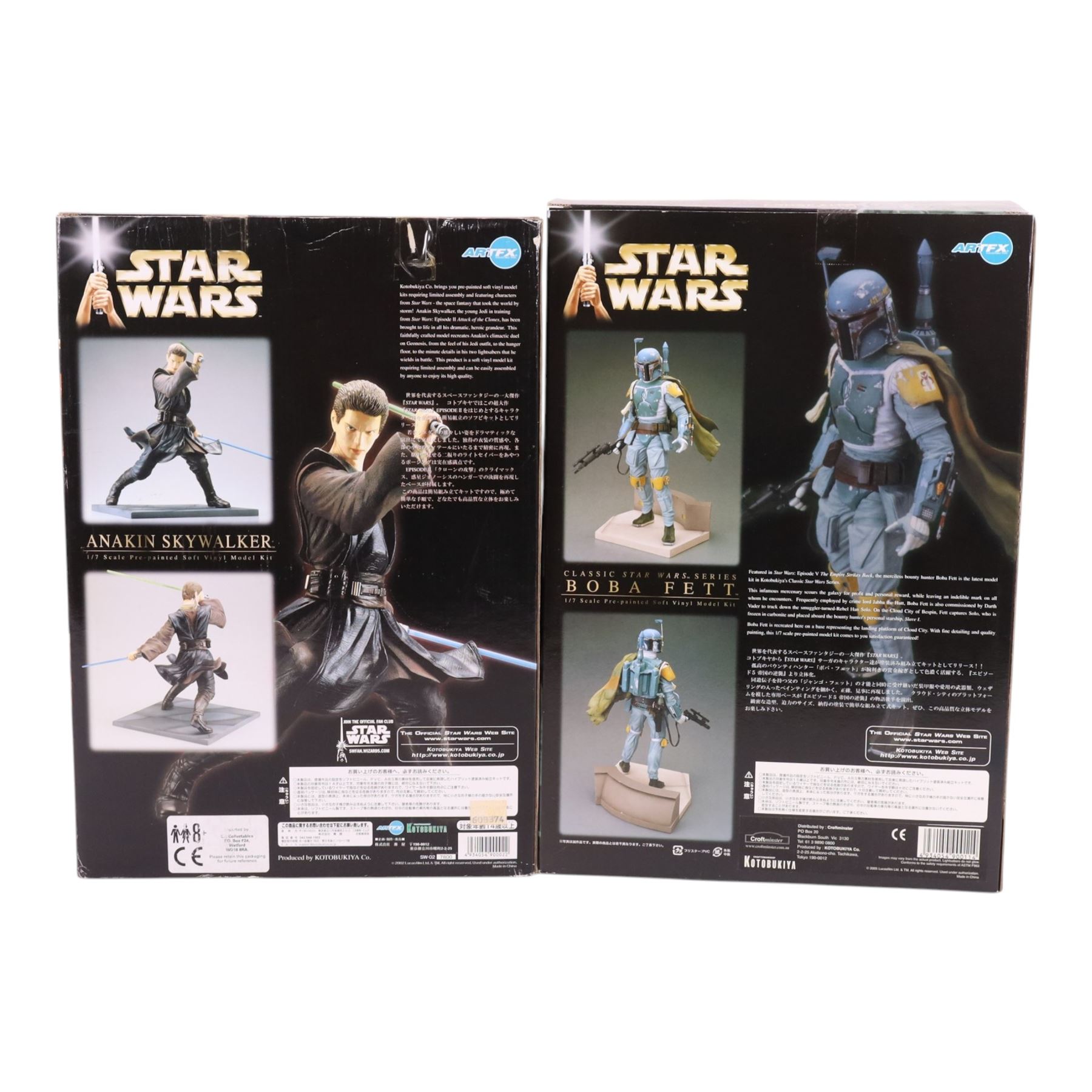 Two Kotobukiya ArtFX Star Wars 1:7 scale pre-painted soft vinyl model kits, comprising Anakin Skywalker and Boba Fett, both boxed
