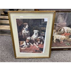 After P E Marshal (British 20th century), Car Outside Inn, water colour signed and dated; after Richard Britton (British) 'Mischief Makers' (golden labradors), colour print, together with three colour prints of dogs and embossed decorative bear scene (6) 
