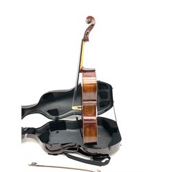 Alfred Stingl by Hofner cello, model AS-360 with 75.5cm two-piece maple back and ribs and spruce top, bears label with serial no.JO411-0706, L122cm; in carbon-fibre carrying case with bow