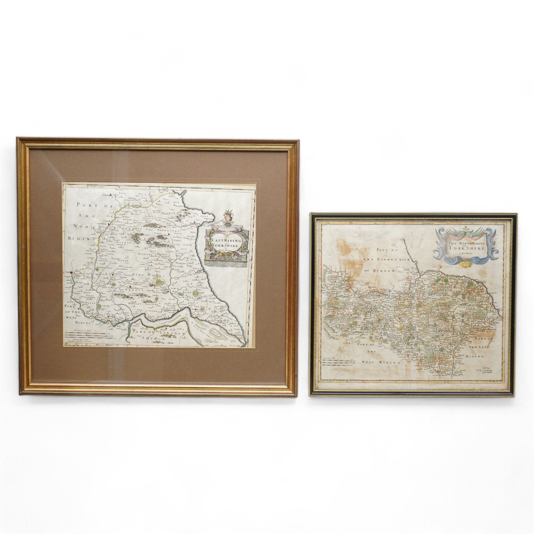 Robert Morden (British c.1650-1703): 'The North Riding of Yorkshire' and 'The East Riding of Yorkshire', two 17th/18th century engraved maps with hand colouring 38cm x 43cm (2)