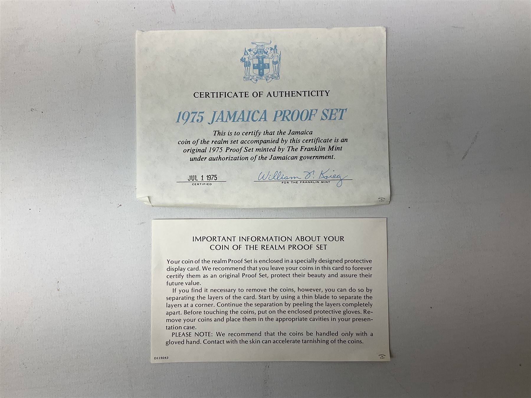 Jamaica 1975 eight coin proof set produced by the Franklin Mint and a Jamaica 1978 sterling silver proof twenty-five dollar coin, both cased with certificates