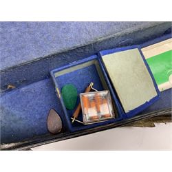 Dulcet eight-string banjo mandolin with mother-of-pearl inlaid ebonised fingerboard L55.5cm; cased; and Irish mahogany bodhran hand drum with inlaid stringing and vellum top D46.5cm; in soft carrying case with double ended beater (2)