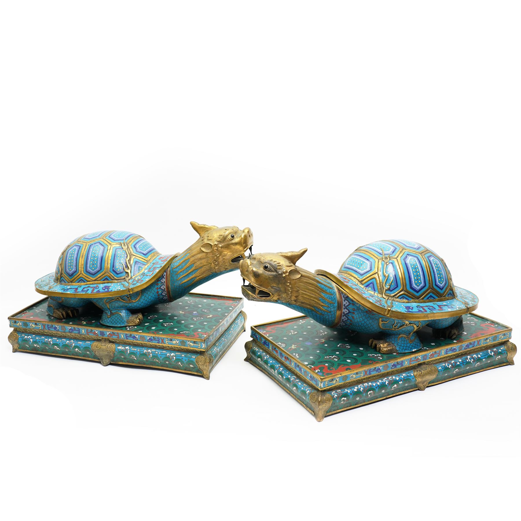 Pair of Chinese 20th century cloisonne dragon turtles with lidded shells, on rectangular bases 45cm x 27cm x 28cm
