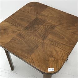 *Art Deco period walnut centre table, square top with rounded corners and segmented block veneers, curved supports joined by undertier, 65cm x 65cm, H62cm