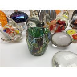 Robert Held iridescent art glass sea urchin paperweight, signed to underside, together with Murano glass clown and a collection of other glass paperweights and animals, etc 