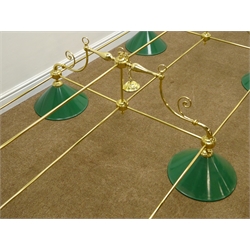  Billiard table light fitting, six lights with green painted enamel shades and polished tubular frame, L204cm x W107cm   