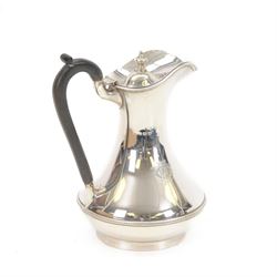 1930s silver hot water pot, of bellied form engraved with monogram to body, with Bakelite type handle and urn finial, hallmarked Fattorini & Sons Ltd, Birmingham 1938, H23cm