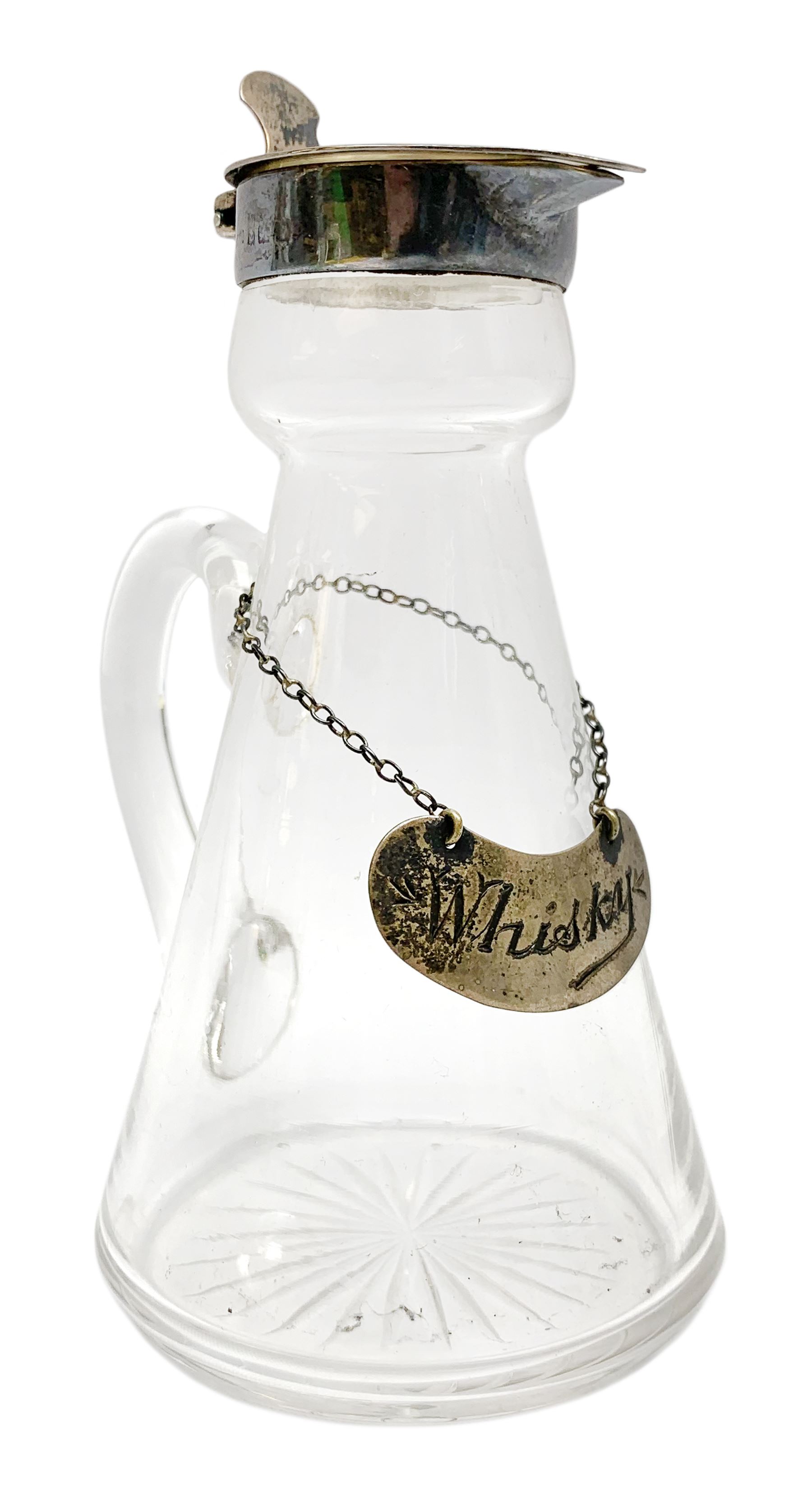 Edwardian silver mounted whisky noggin, of tapering cylindrical form with hinged flat cover, H12cm, together with a silver whisky label, each hallmarked H B Johnson & Co, London, whisky noggin dated 1906, label 1910