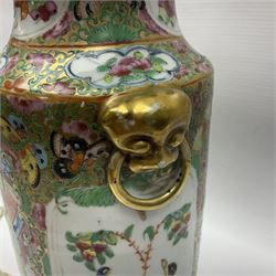 19th century Chinese Canton famille rose vase, converted to a table lamp, of shouldered cylindrical form, with twin gilt lion mask ring handles, the body decorated with four alternating panels of figural scenes and birds and insects, H31cm excluding fitting