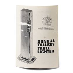 Dunhill Tallboy silver-plated table lighter, planished case, with instruction manual, H11cm