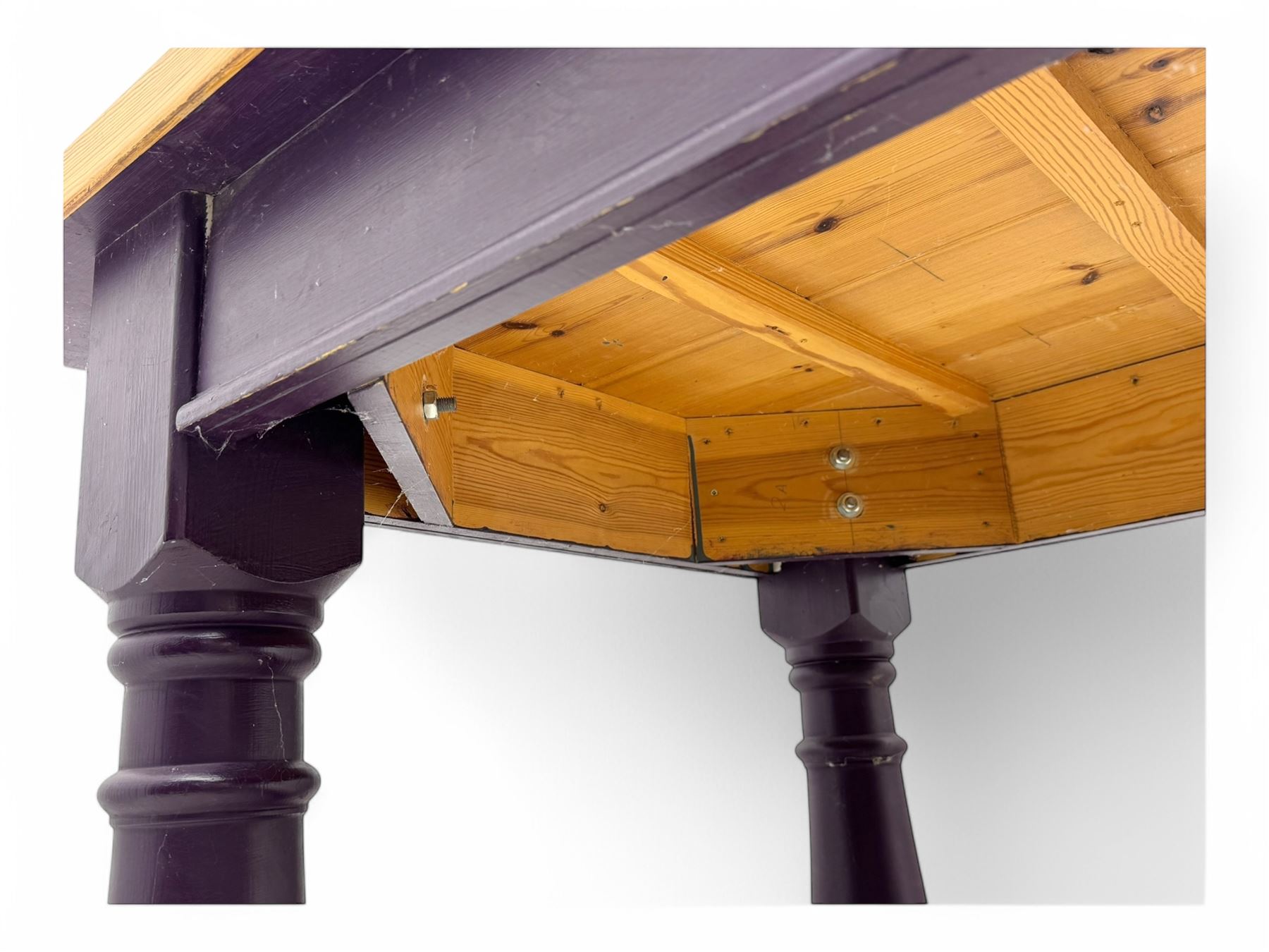 Late 20th century substantial pine refectory table, rectangular four-plank top over an indigo painted base featuring turned supports united by box stretchers