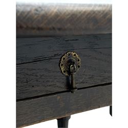 17th century oak dining table, pegged plank drop leaf top on gate-leg action base, turned supports, single drawer to end with drop and pierced plate handle, 
