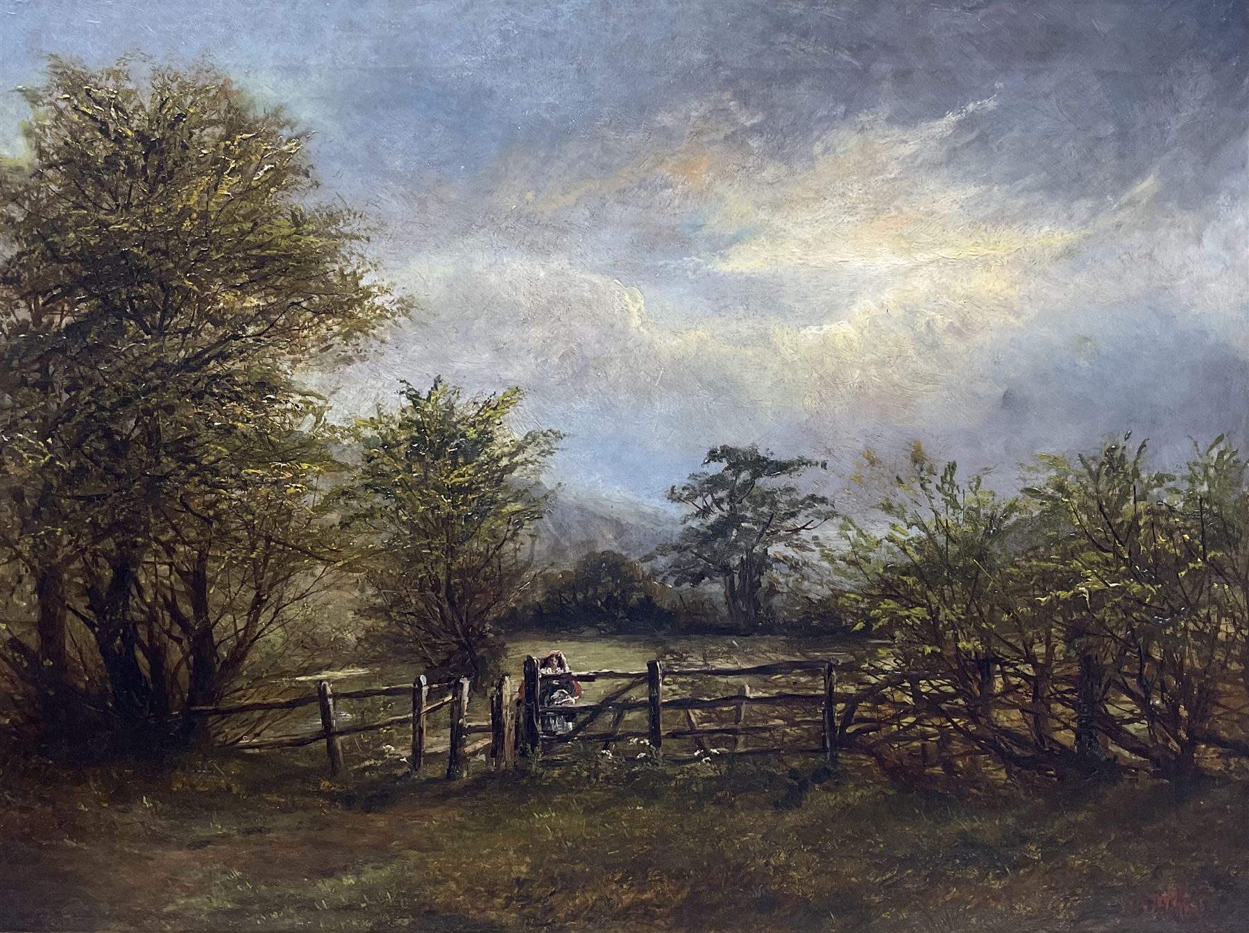 William Arthur Toplis (British 1857-1942): Girl at the Gate, oil on canvas signed and dated 1875, indistinctly titled on label verso, 44cm x 59cm