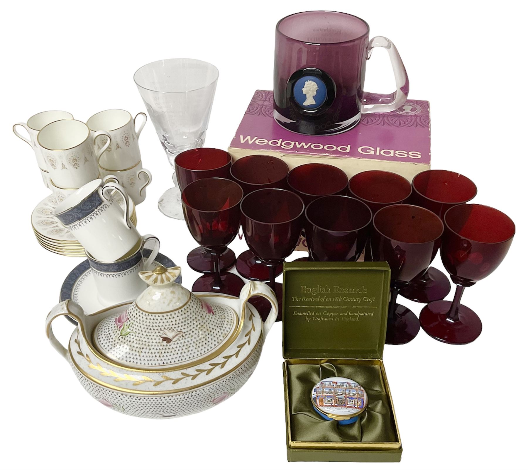 Twin handled sucrier with cover, in the manner of Thomas Grainger for Royal Worcester, together with Wedgwood Medina pattern coffee cans and saucers, a set of ten ruby glasses and a Wedgwood cameo glass tankard etc