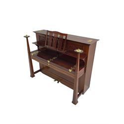 Carl Bechstein - late 19th century German overstrung upright piano, in a model 4 Arts and Crafts case designed by Walter Cave, with a lattice music desk and fretted silk backed front panel, brass hinged case lid and key fall with square tapered candle holders and circular sconces, iron frame, serial number 52187 (1899-1900), with an under damper action, 85 ebony and ivory keys, sustain and una corda pedals, original action, stringing, dampers, and action return straps, registered case number 328639, USA patent 24805.

This item has been registered for sale under Section 10 of the APHA Ivory Act