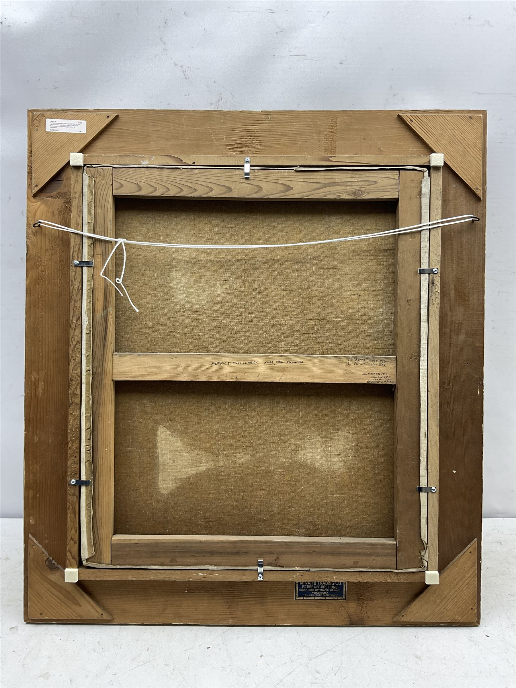 K Sato (Japanese 20th century): 'End of Day', oil on canvas signed and titled 52cm 44cm 
Provenance: purchased by Andrew D Sakellariou, Yokohama Xmas 1956, inscribed on stretcher