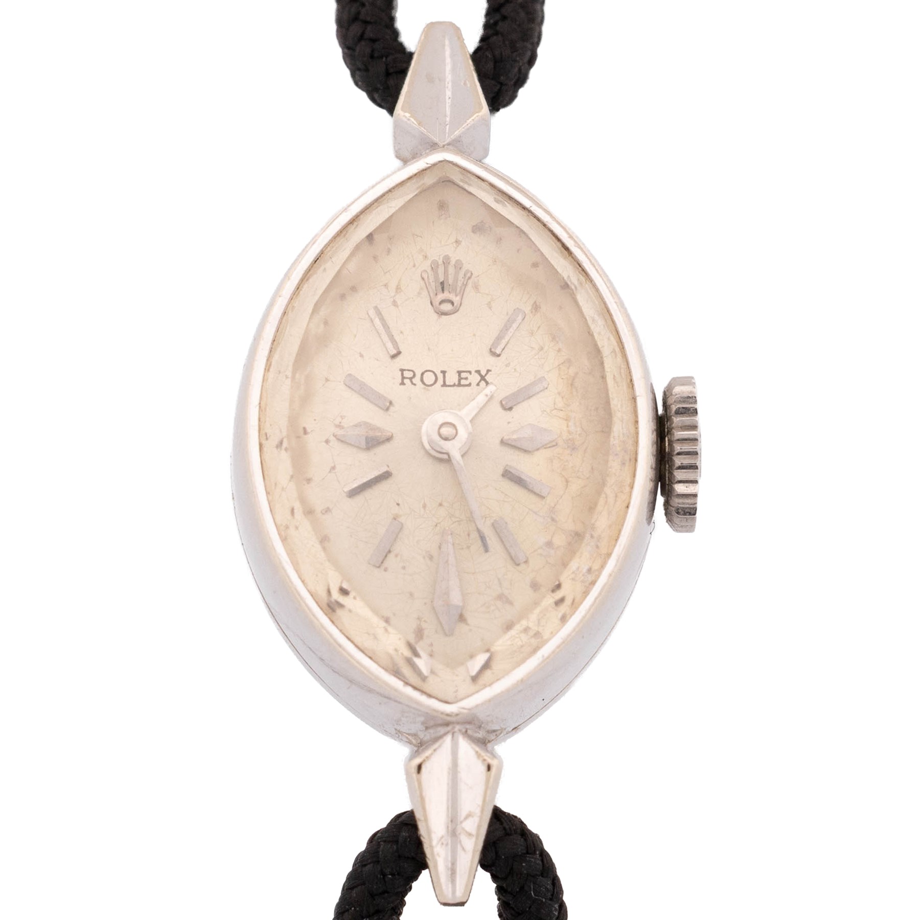 Rolex ladies 14ct white gold manual wind wristwatch, circa. 1960's, silvered dial with baton and diamond hour markers, marquise shaped case, stamped 14K, on black cord bracelet