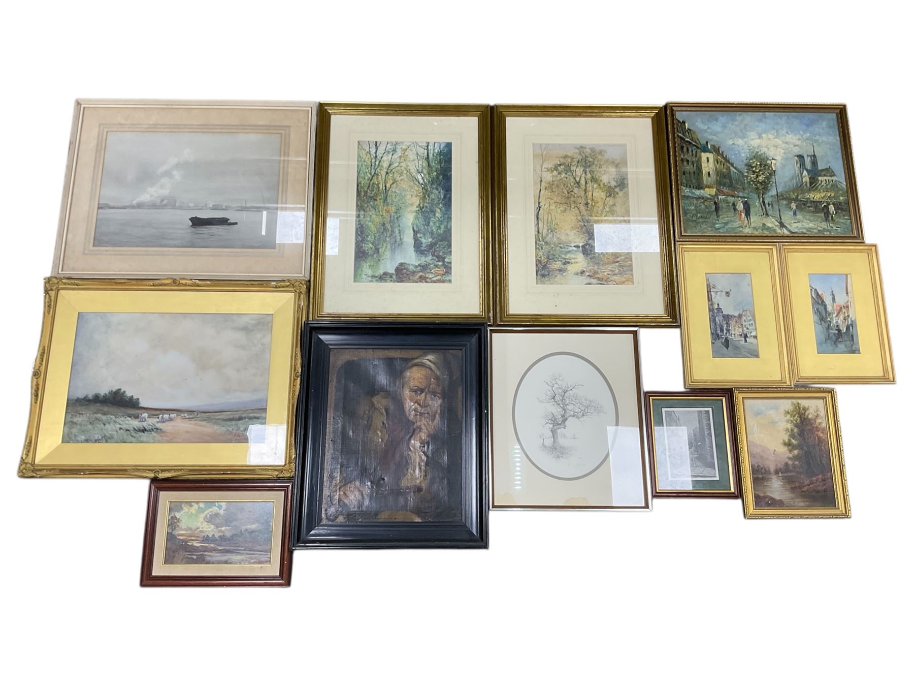 Collection of oil paintings and watercolours, artists to include, J Douglas, AH Angel, G Ashworth, portrait oil, Stuart Walton signed print, two William Widgery prints, etc
