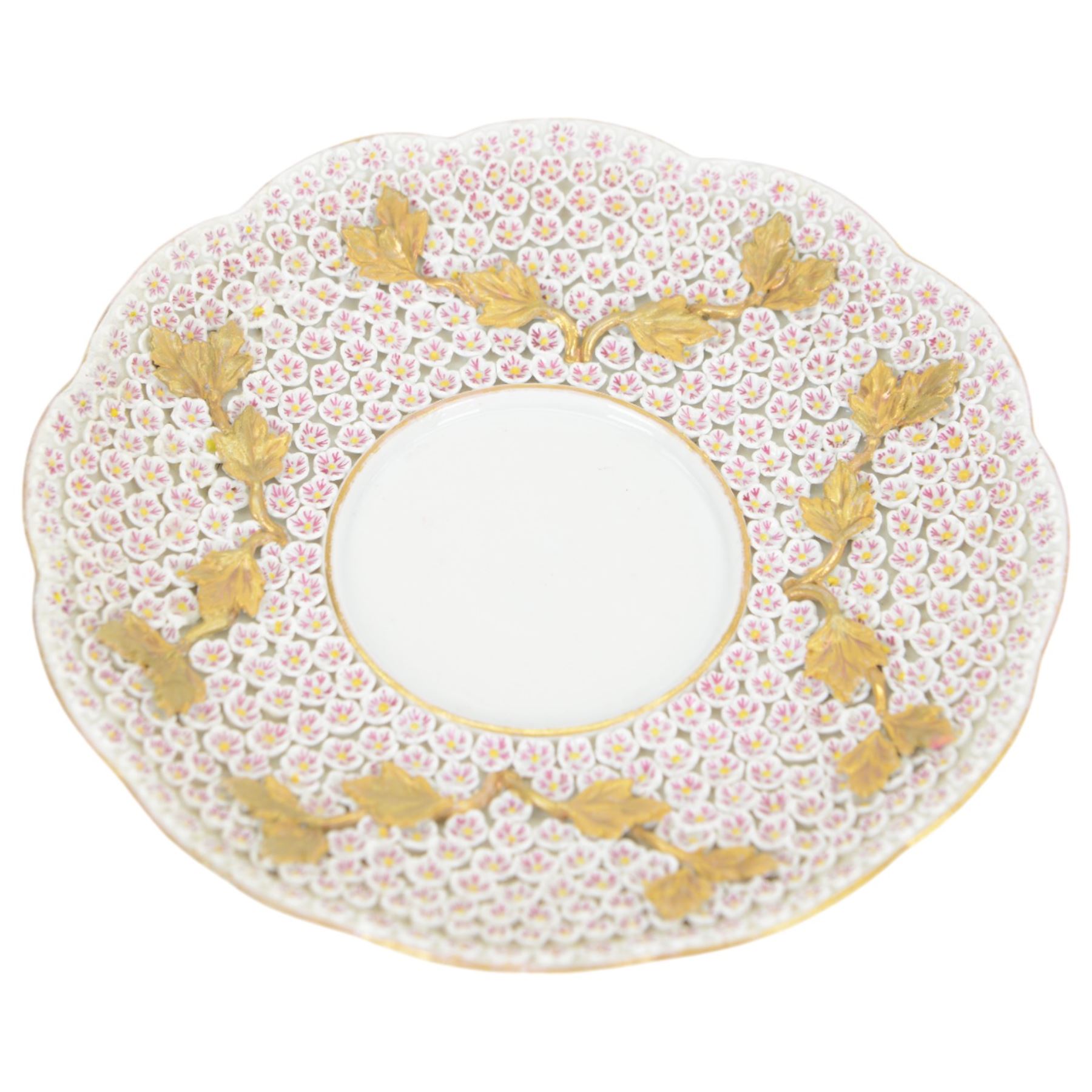 Meissen style Schneeballen or Snowball ecuelle, cover, and stand, profusely encrusted throughout with small white flower heads, with gilt vine handles and detail, overall H10.5cm, stand D18cm