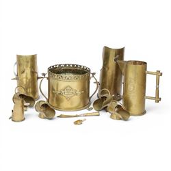 Trench Art shell case jardiniere, with pierced rim and paw feet, Jug marked The British Ge...