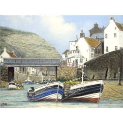  Jack Rigg (British 1927-): Moored Cobles in Staithes Beck, oil on board signed 34cm x 44cm  DDS - Artist's resale rights may apply to this lot    