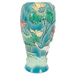 19th century Chinese porcelain vase, of baluster form decorated in relief with wading crane amongst pond lillies upon a turquoise ground, with Wang Bing Rong seal mark beneath, H26cm 