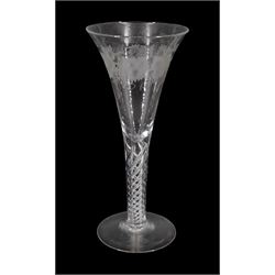 Large 19th century wine glass, the drawn trumpet bowl engraved with fruiting vine, upon single series mercury twist stem and conical foot, H25cm 