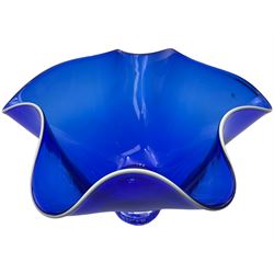 Gillies Jones of Rosedale dark blue glass vase with crimped rim on a short pedestal foot, signature to base, H11cm