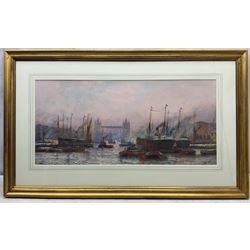 Frederick William Scarborough (British 1860-1939): 'The Pool of London and Tower Bridge', watercolour signed and titled 34cm x 72cm 