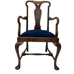 Set five early 20th century mahogany Queen Anne style dining chairs, vase shaped splat backs over drop in upholstered seat in blue cover, cabriole front supports joined by turned H-shaped stretchers, one carver and four side chairs 