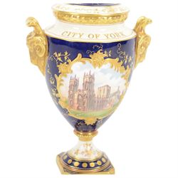 Coalport pedestal vase and cover, of ovoid form, painted by P Gosling, The City of York, commissioned by Mulberry Hall to Commemorate The 1000th Anniversary of the Founding of the City of York, printed mark beneath, H26cm