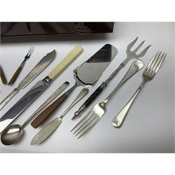 Partially stocked single drawer mahogany cutlery canteen with assorted silver plated fiddle pattern and other cutlery; and quantity of loose cutlery including large service of old English pattern, fish eaters, various servers etc