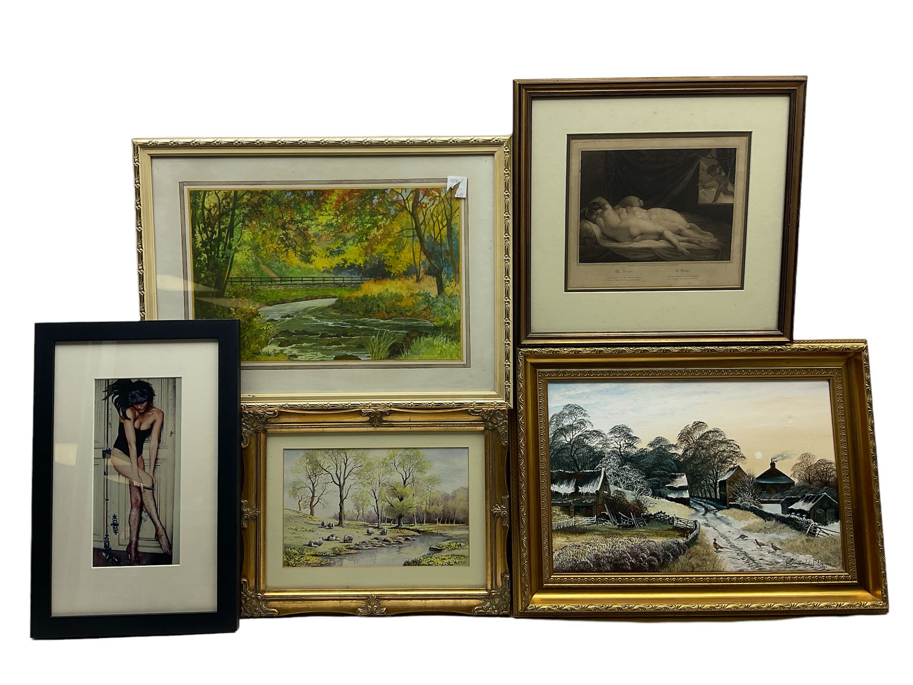 Leonard W Owens (British 20th century): 'Pheasants by a Farm near Hutton-Le-Hole', oil on canvas signed and dated 1986;Chris Hammond (British 20th century): 'Springtime', watercolour signed, titled and dated 1990 verso together with 19th century engraving 'the dream', a further watercolour and fashion print max 30cm x 45cm (5)