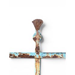 Regency period wrought iron strapwork garden bench, cresting rail with central Scottish thistle motif and flanking pediments, in distressed blue painted finish